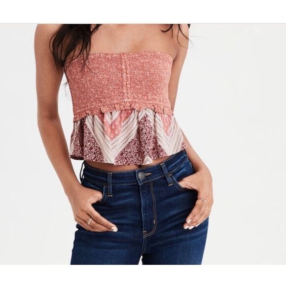 American Eagle Boho Hippie Patchwork Tube Top Crop Smocked Peplum Shabby Chic XS - Picture 1 of 5